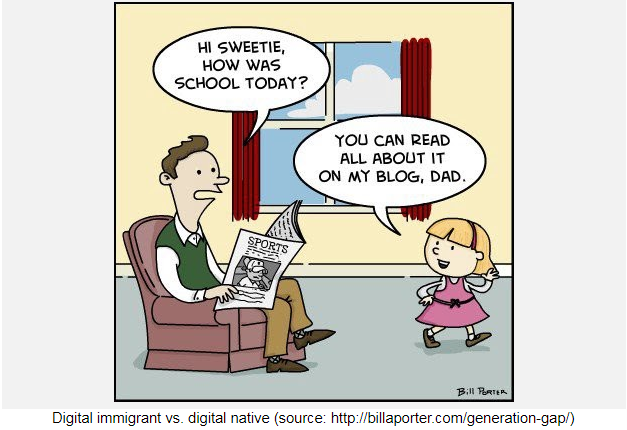 A digital native child talking to her digital immigrant dad